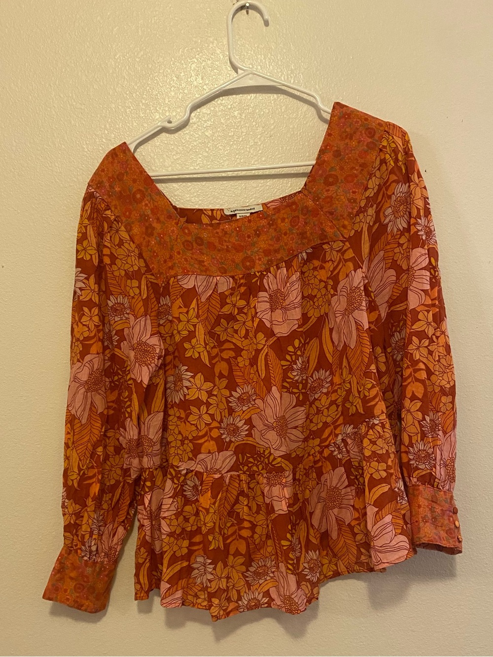 American Eagle Outfitters Rust and Pink Floral Square-Neck Blouse